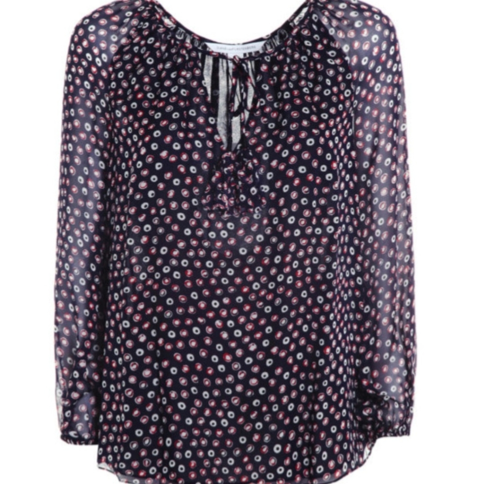 Diane Von Furstenberg blue polka-dot long sleeve sheer silk Flowy Summer blouse - Picture 3 of 15